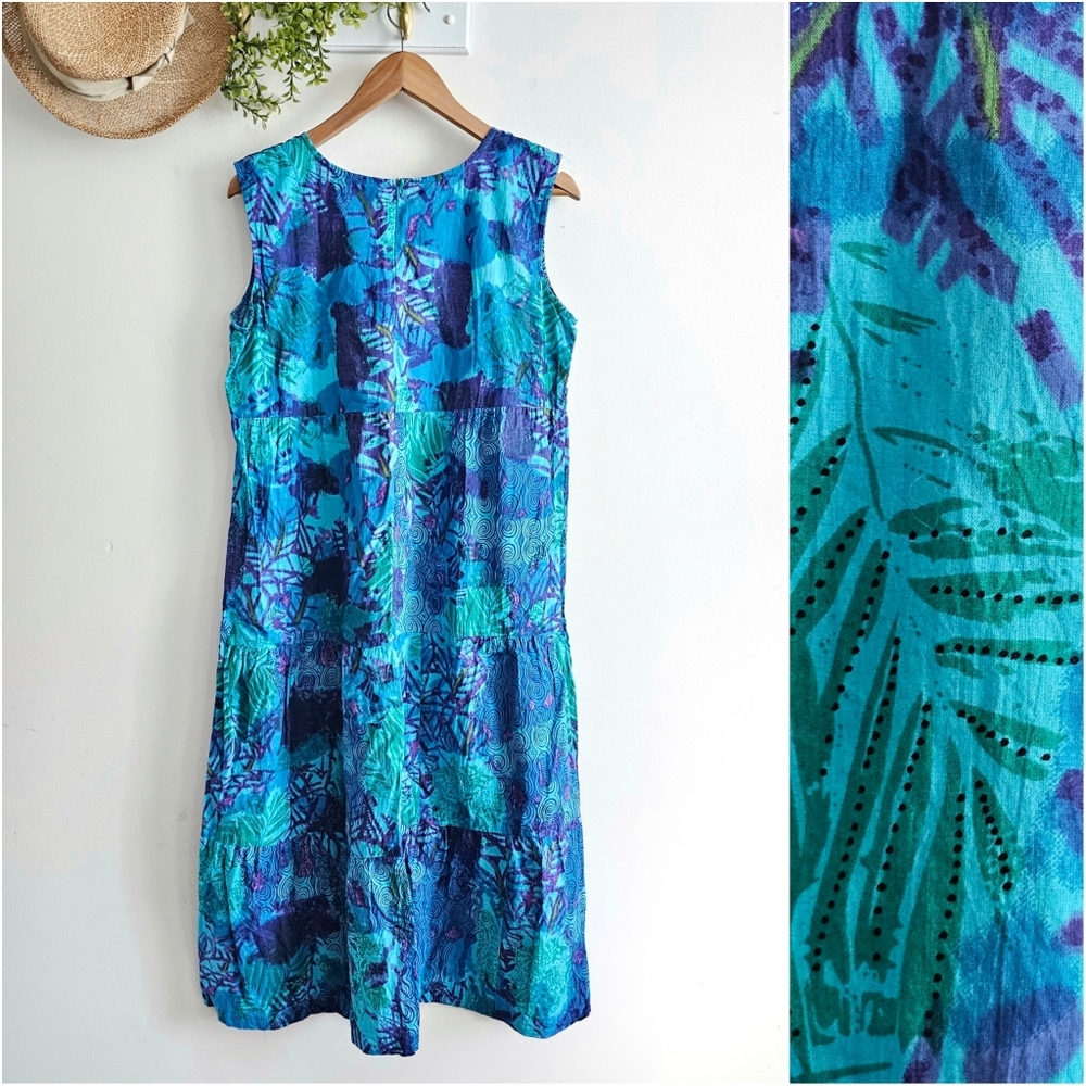Collections Etc Blue Teal Tropical Midi Dress Sleeveless Artsy Print Size M